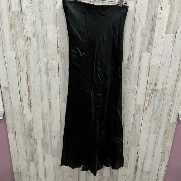 New Sophie Rue Anthropologie Manhattan Black Satin Maxi Skirt Slit Sexy Classy S